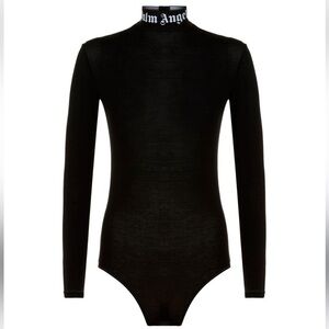 RARE PALM ANGELS Sz S logo tape high neck, bodycon stretchy bodysuit snap crotch